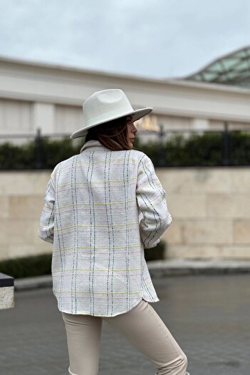 NEW LAVİVA Women's White Plaid Tweed Fabric, Double Pocket Long Loose Shirt Jacket