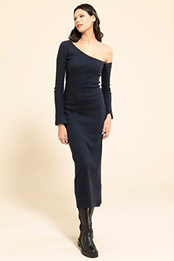 FOR YOU MODA One Shoulder Asymmetrical Navy Blue Dress
