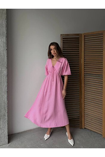 Lusin Kadın V Yaka Pembe Müslin Kumaş Kısa Kol Elbise