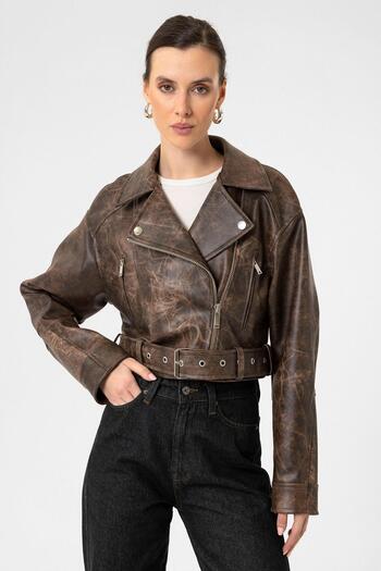Antioch Brown Women's Faux Leather Crop Biker Jacket