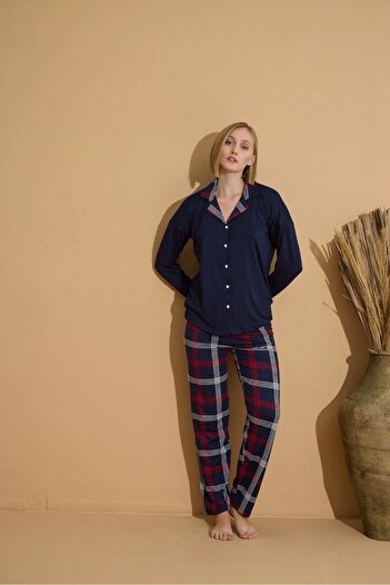 Pijamoni Milan Fabric Pajama Set - Long Sleeve, Front Button, E. Navy Blue - 7520