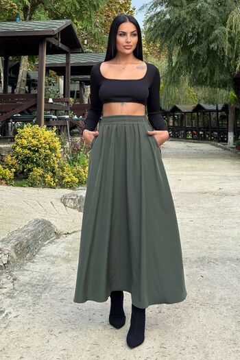 Juuuj Khaki Elastic High Waist, A-Line, Flowy and Loose, Long Cupra Skirt