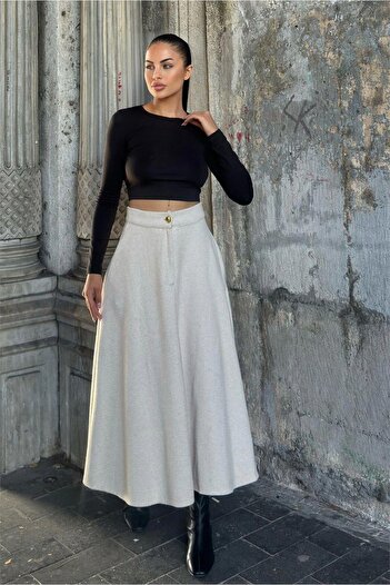 NEW LAVİVA Beige High Waist, Pocket, Kilos Cutout, Long Stitched Skirt