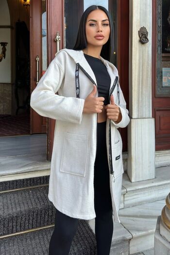 Juuuj Ecru Crest Detailed, Hooded, Crocheted Cardigan Jacket