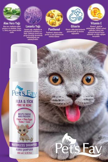Pets Fav 2’li Avantajlı Kedi Bit Pire Kene Ve Parazit Önleyici Kuru Köpük Şampuanı Seti