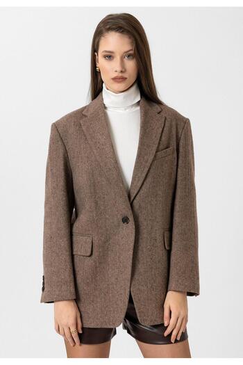 Antioch Brown Women's Relax Fit Herringbone Patterned Blazer Jacket
