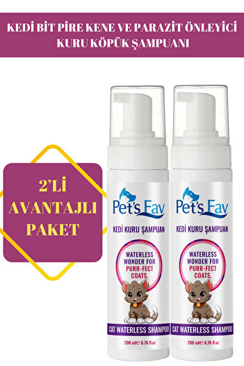 Pets Fav 2’li Avantajlı Kedi Bit Pire Kene Ve Parazit Önleyici Kuru Köpük Şampuanı Seti