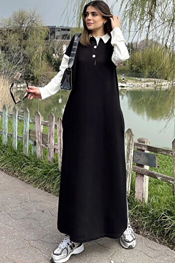 Juuuj Women's Black Color Block Design, Polo Collar, A-Line, Long Loose Dress