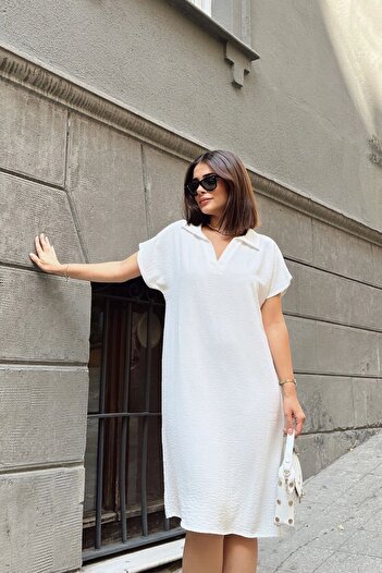 Juuuj Ecru Short Sleeve, Polo Collar, Textured Fabric, Basic Fit/Cut, Aerobin Comfortable Midi Dress
