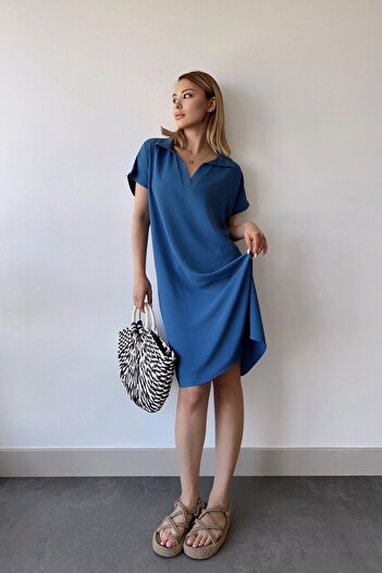 Juuuj Mânecă scurtă Indigo pentru femei, guler polo, model texturat, croială de bază, rochie midi confortabilă Aerobin