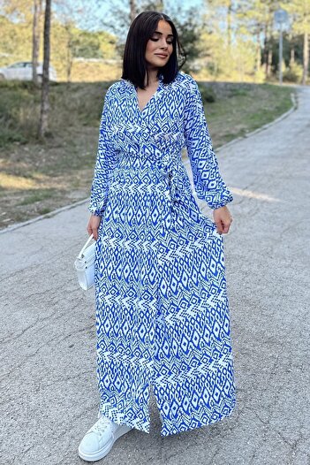 Juuuj Rochie de damă, albastru și alb, cu două pieptări, despicată, cu brâu, glezne elastice, largi, rochie lungă