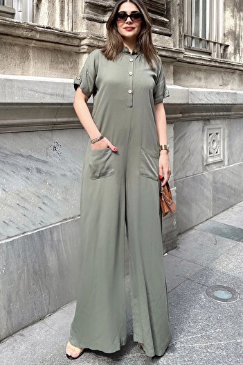 Juuuj Women's Khaki High Collar, Short Sleeve, Front Pouch Pocket, Loose Fit, Belmondo Safari Jumpsuit