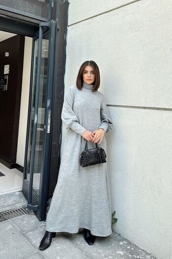 Juuuj Women's Gray Turtleneck, Long Sleeve Cuff and Window Detail, A-Line, Loose, Long Dress