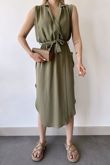 Juuuj Women's Khaki Thick Strap, Double Breasted Collar, Solid Pattern, Aerobin Slit, Belt Midi Dress