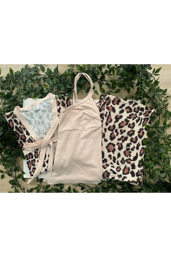 Mihra 14401-11 Beige and Lilac Leopard Patterned Thermal 3-Piece Pajamas Set