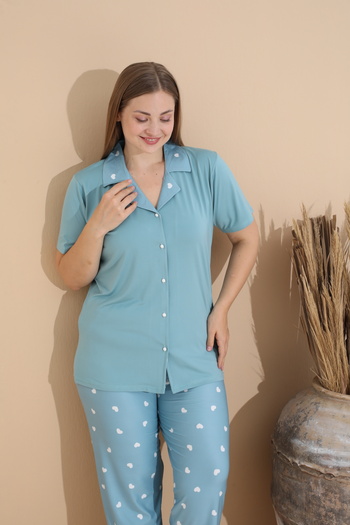 CALİA Women's Battal Milan Fabric Short Sleeve Shirt Collar Plus Size Pajamas Set
