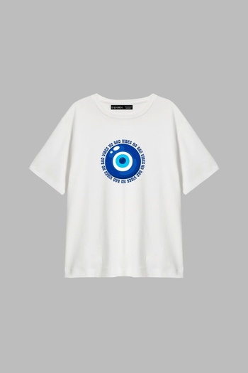 Sekizbiraltı No Bad Vibes Printed Relaxed Fit White Women's Tshirt