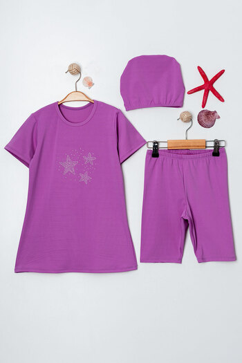 Beniizle Star Stone Detailed Girl's Triple Set Swimsuit