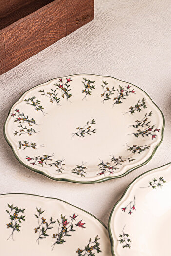 Snippy Khaki - 24 Parça 6 Kişilik Porselen Yemek Takımı Kenarları Silik Vintage Tuval Model Porselen Tabak
