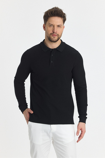 Frappoli Blum Men's Black Polo-Neck Sweatshirt - 100% Cotton, Waffle Print, Non-Curling Collar, Long Sleeve