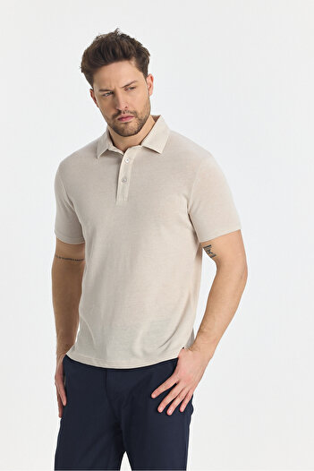 Frappoli Wolfe Men's Beige Lycra Cotton Blended Non-Shrink Fabric Non-Curling Collar Polo Neck T-Shirt