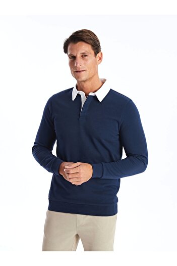 LC Waikiki Lcwaıkıkı Classic Indigo Поло з коміром і довгими рукавами Чоловічий світшот