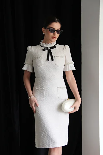 Julidress White Stand Collar Pearl and Ribbon Detail Premium Tweed Dress