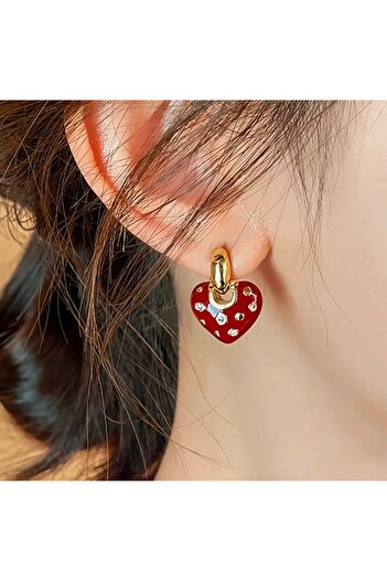 Store Women's Earrings Red Heart with Stone Studs Earrings Valentine's Day Gift
