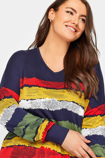Stil Diva V-Neck Striped Slit Long Sleeve Plus Size Blouse - 303117