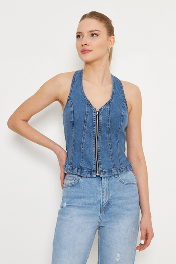 Trendyol Collection Bluză albastru deschis din denim cu fermoar - TWOSS25BZ00068