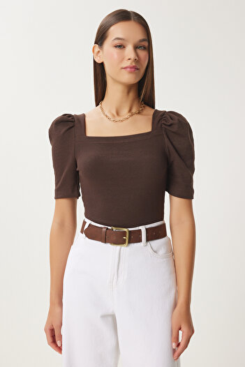 Happiness İstanbul Braune Keks-Crop-Bluse für Damen im 2er-Pack mit quadratischem Ausschnitt und Kordelzug GT00233