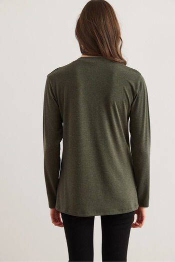 Olalook Women's Khaki V-Neck Wool Viscose Flowy Blouse Blz- 19002729