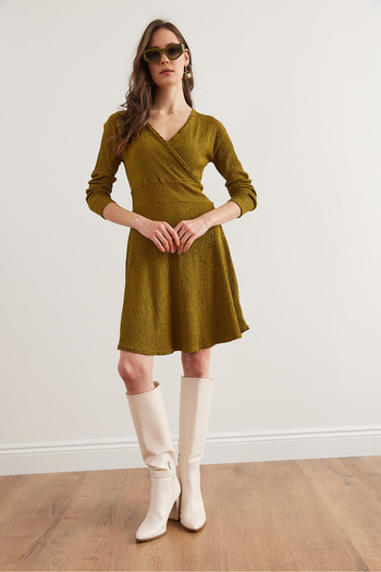 Olalook Rochie Seersucker cu guler dublu verde ulei pentru femei ELB- 19002333
