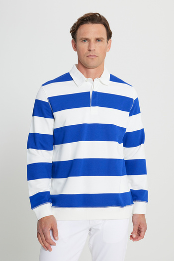 AC&Co / Altınyıldız Classics Men's Ecru K.blue Standard Fit Regular Cut Fleece Inside 3 Thread Polo Collar Cotton Sweatshirt