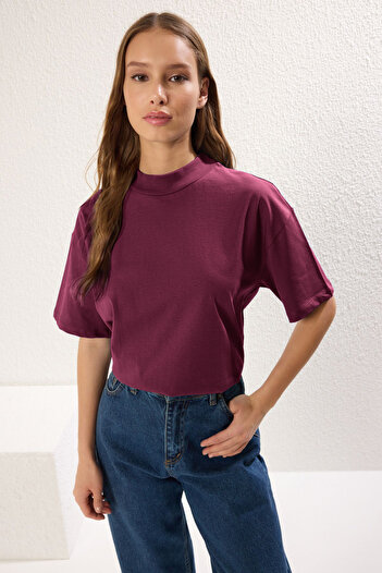 Trendyol Collection Cherry Rot 100% Thick Cotton Stand Collar Three Quarter Sleeve Knitted T-Shirt Twoss24Ts00074