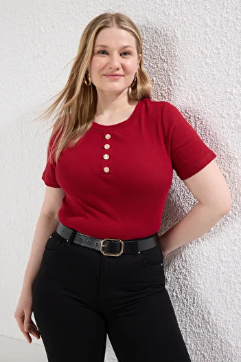 Trendyol Curve Red Buttoned Bodysitting Camisole Knitted Plus Size Blouse Tbbss25Af00088