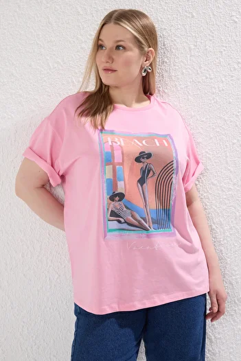 Trendyol Curve Pink Wide Mold Printed 100% Cotton Large Size Knitted T-Shirt Tbbss25Bf00041