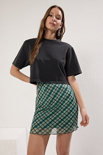 Trendyol Collection Dark Green Printed Tulle High Waist Lined Mini Knitted Skirt Twoss23Et00050