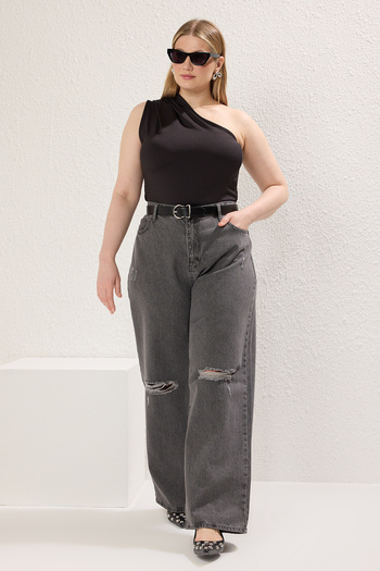 Trendyol Curve Graue Jeans mit weitem Bein – hohe Taille, Destroyed, große Größe TBBSS22JE00006