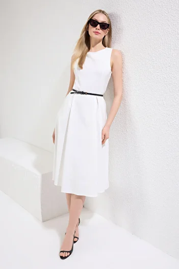 Trendyol Collection Ecru Waist Opening Pleated Lined Midi Woven Dress TWOSS20EL0980