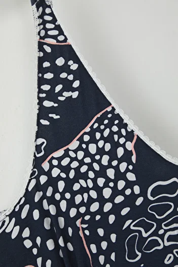 Trendyol Curve Navy Blue Dog Pattern Lace Knitted Nightgown Tbbss25Ch00007