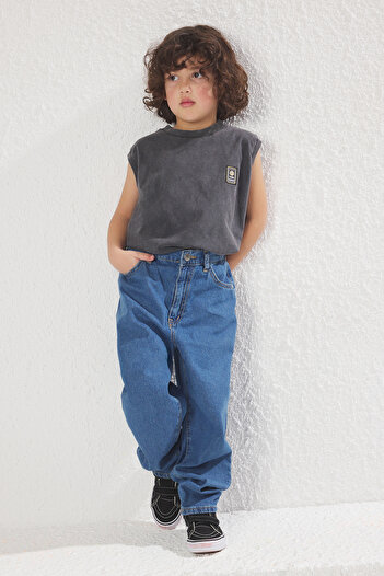TRENDYOLKIDS Blue Boy's Balloon Fit 100% Cotton Denim Jean Pants Tkdss25Je00002