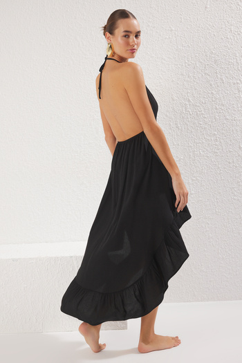 Trendyol Collection Černé mini tkané plážové šaty TBESS25EL00094