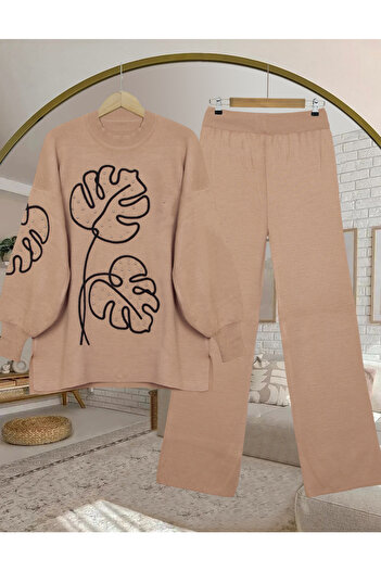 MILANOFOX Mink Colored Leaf Pattern - Stone Embroidered Balloon Sleeve Knitwear Tunic and Pants Set