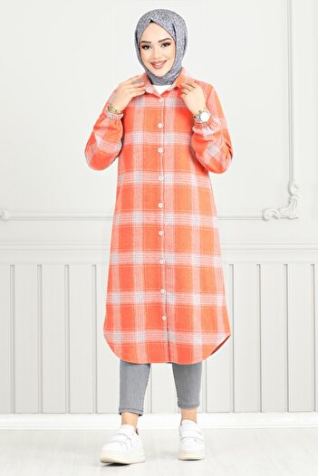 ModaMerve Plaid Tunic 4446Ktr927-M Grey&Orange - Front Button