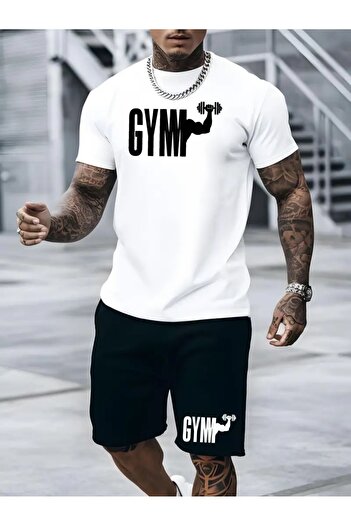 Elfa Tekstil Unisex Adult Oversize Gym Printed T-Shirt Set - Short & Top Set