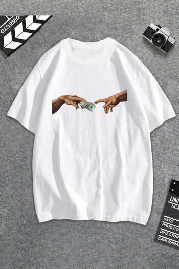HOFFNUNG Unisex White Hand-Handed Dollars Printed Oversize T-shirt