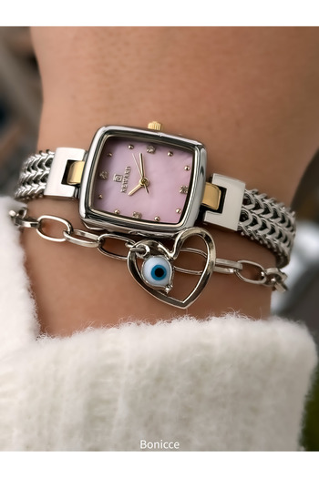 Reward 22*20mm Case - Women's Wristwatch with Silver Steel Band, Pink Dial and Bracelet Gift Valentine's Day