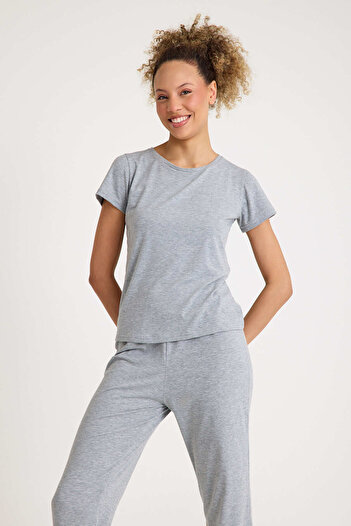 No52 HomeWear Gri Renk Kadın Kısa Kollu Pijama Takımı