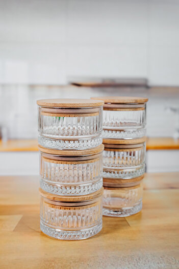 ZURİ DESİGN 6-Piece Wooden Vacuum Glass Storage Set - 225 ml for Breakfast and Snack Holder